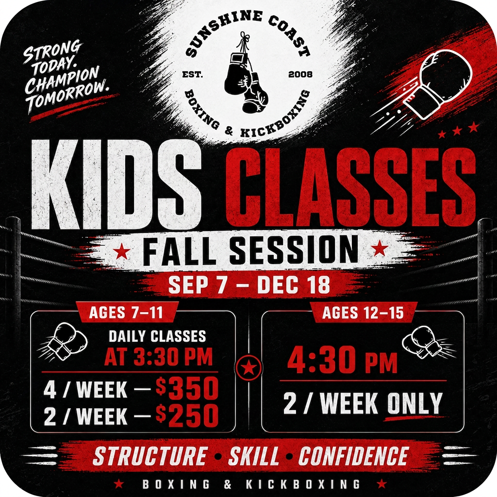 Sunshine Coast Boxing and Kickboxing kids program promotion